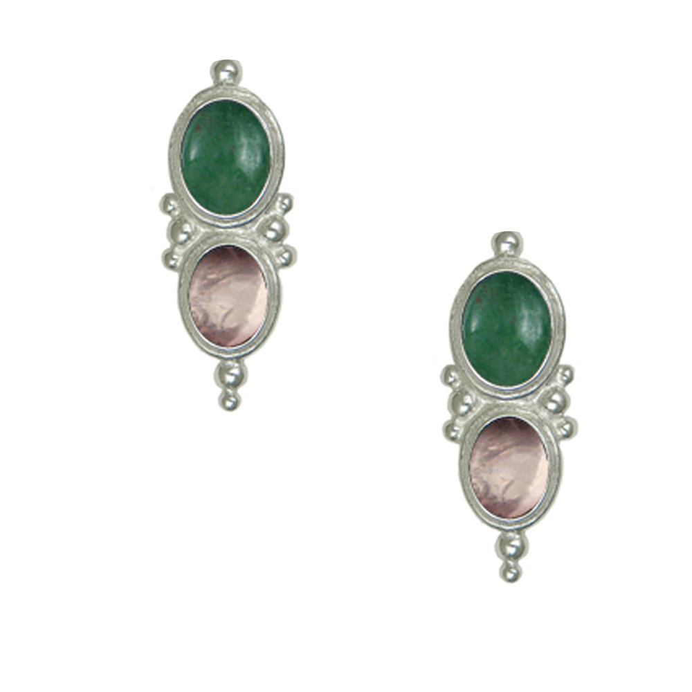 Sterling Silver Drop Dangle Earrings With Jade And Rose Quartz